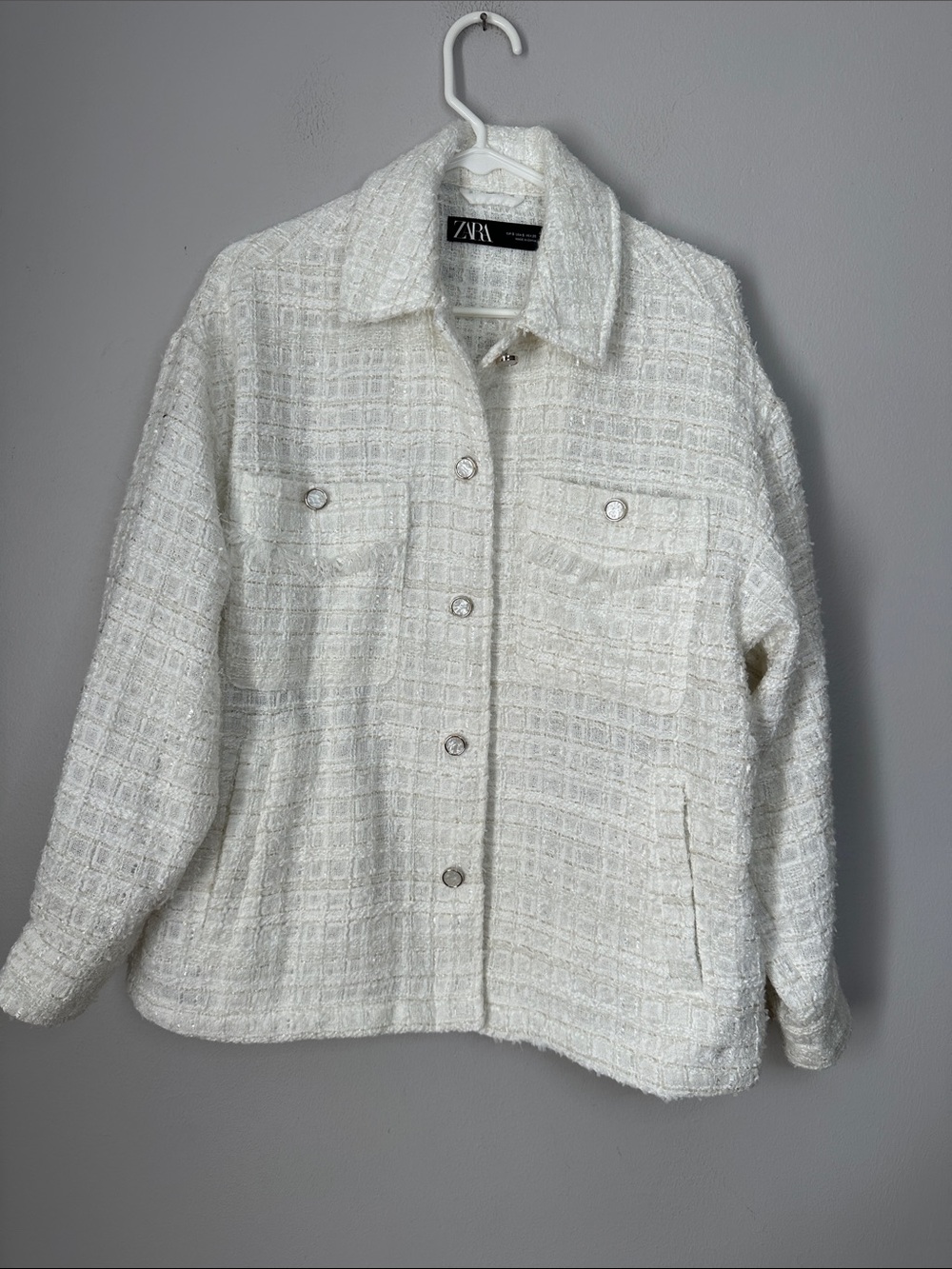 Zara White Cream Tweed Button-Front Jacket size S